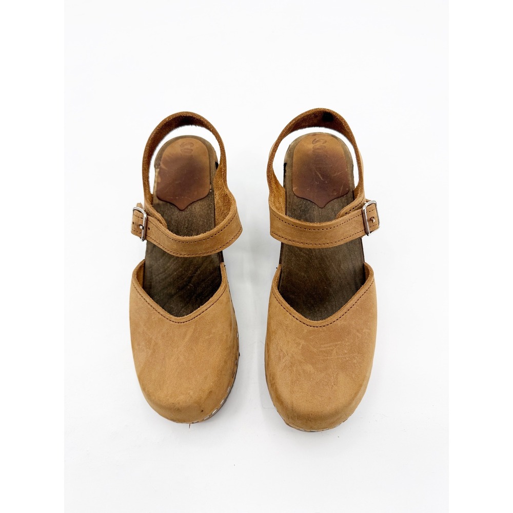 Sandgrens Handmade Swedish Tan Nubuck Leather Wooden Platform Clog Size 39 8-8.5 - Picture 2 of 14